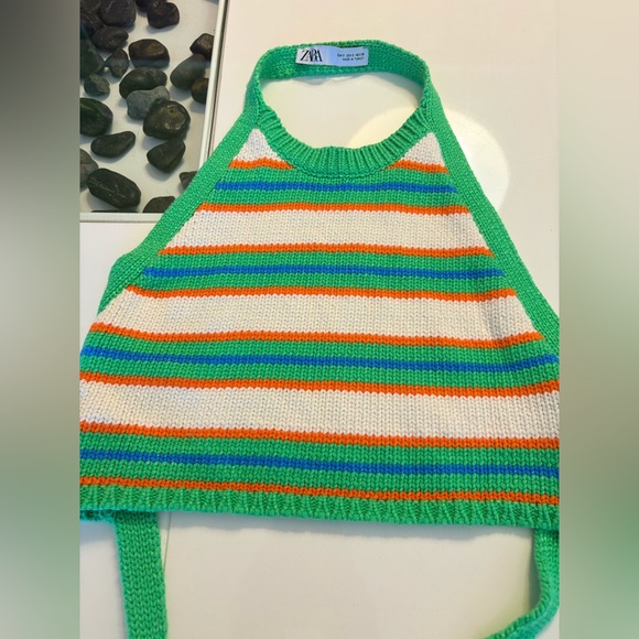Tops - Zara Green and White Knit Fabric Halter top